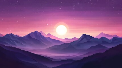 Purple Sunset Over Misty Mountains: Digital Painting. AI Generated