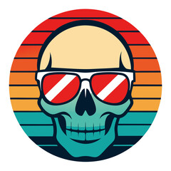 Retro Style Skull Illustration with Sunglasses in Sunset Circle Design For T-shirt