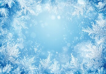 Frosty Winter Wonderland Background with Lush Snowy Fir Trees and Shimmering Blue Bokeh Lights Creating a Magical Holiday Atmosphere