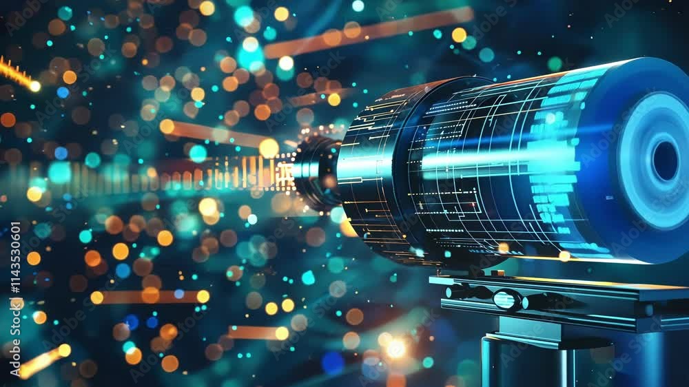 Poster futuristic camera lens displaying global data streams and processing big data with bokeh lights effe
