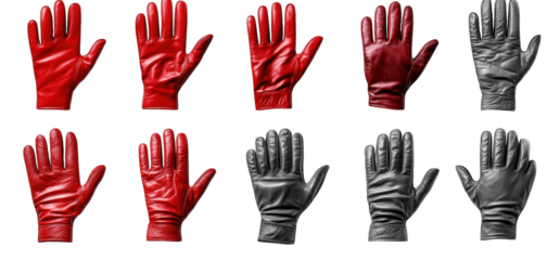 a flat lay of red and grey leather gloves on a transparent background the gloves are arranged in three rows of three. with each row showing a pair of gloves in the same color the gloves are all in a c