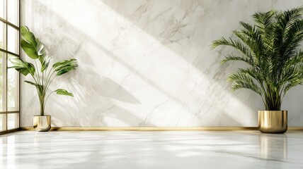 Elegant room with marble walls, lush green plants, and natural sunlight from large window