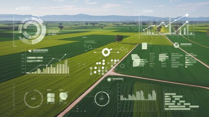Aerial View of Farmland with Advanced Agricultural Data Overlay