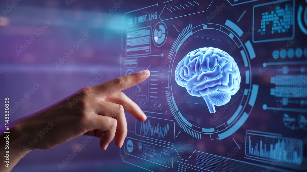 Poster hand interacting with a futuristic brain interface display
