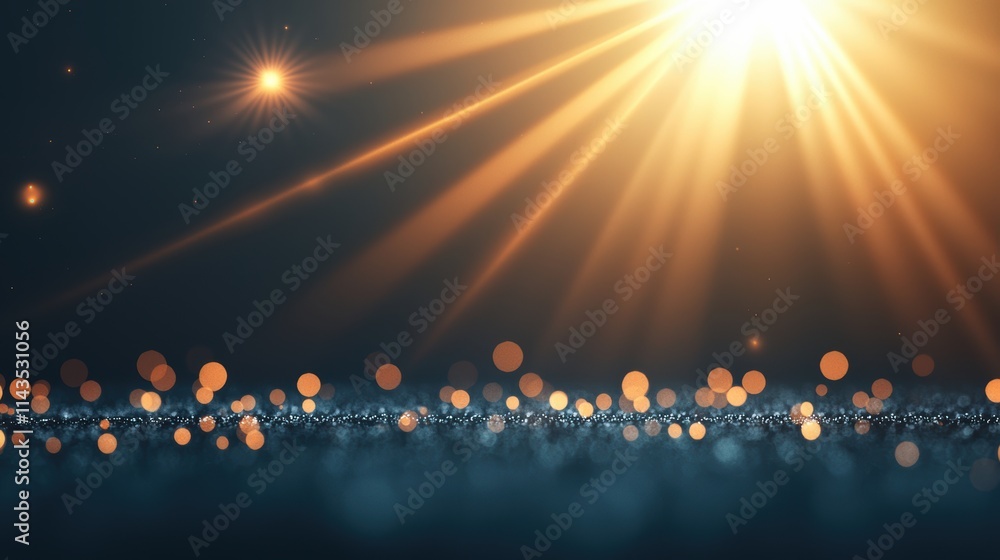 Poster multiple beams of light converging in a central point, creating a radiant starburst against a dark b