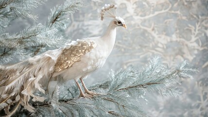 Obraz premium White peacock perched on frosty tree branches with golden feathers