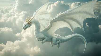 Magnificent white dragon with large wings soaring above clouds, glistening scales
