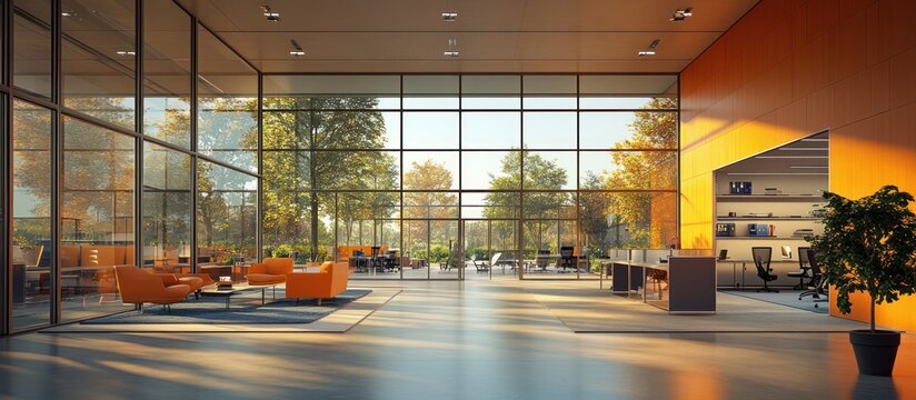Modern office lobby with large windows and orange walls, looking out at a garden.