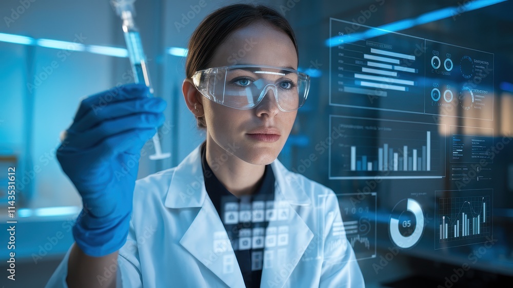 Poster scientist analyzes data using advanced technology in a lab