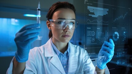 Scientist examining a syringe with digital data