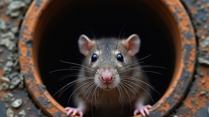 Curious Rat Peeking Out of a Rusty Sewer Pipe Close-Up