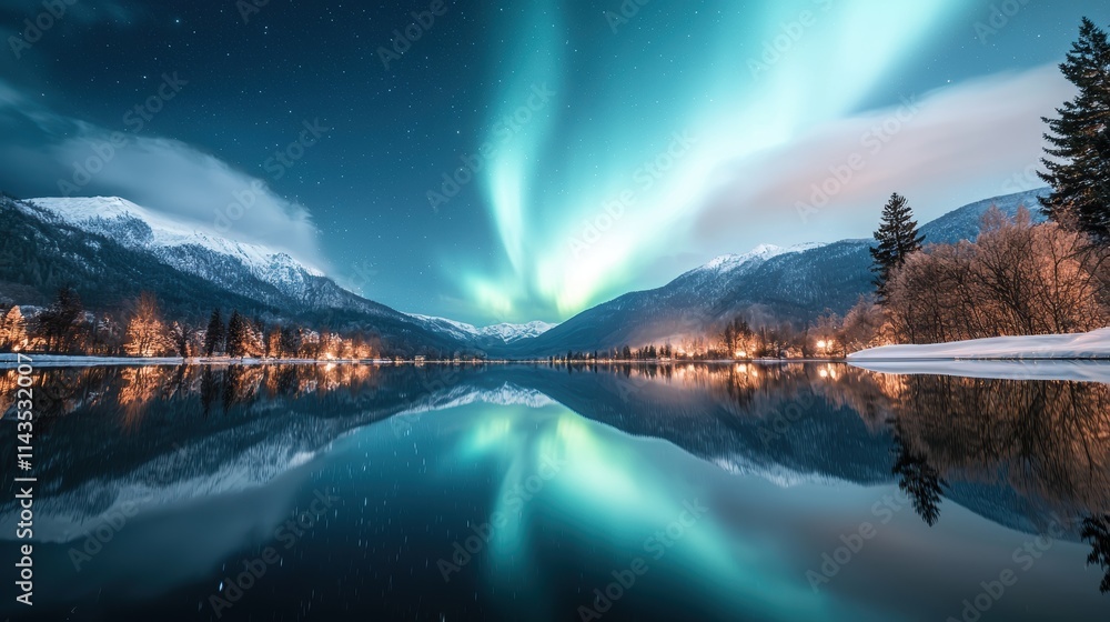 Poster the reflection of the aurora borealis in a still lake, creating a double image of the mesmerizing li