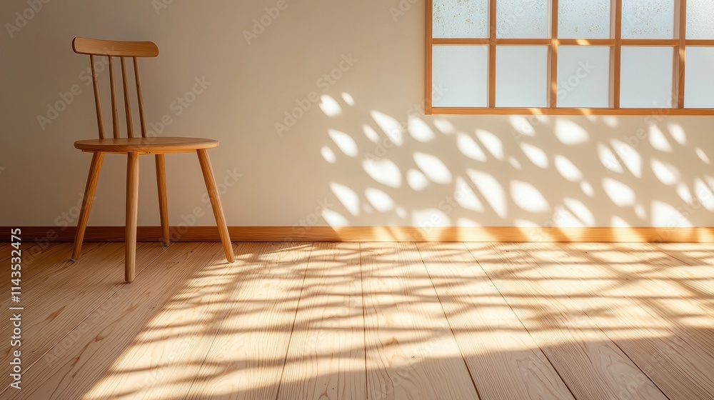 Poster warm sunlight streams through a window, casting a pattern of light and shadow on a rustic wooden flo