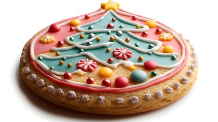 Festive Christmas Cookie Decorated with Colorful Icing in a Christmas Tree Design, Featuring Star Toppers, Candy Ornaments, and Sparkling Details, Perfect for Holiday Celebrations