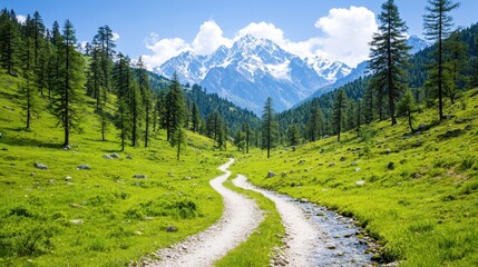 Fototapeta premium Scenic Mountain Landscape with Road and Stream under Blue Sky