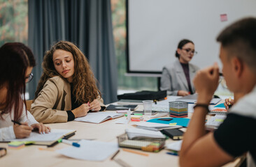 A group of students engaging in a collaborative study session at a classroom table, surrounded by notebooks and stationery. The environment is focused and academic, ideal for teamwork and learning.