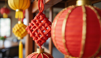 Ornate Red and Gold Chinese Lanterns with Decorative Knot Display