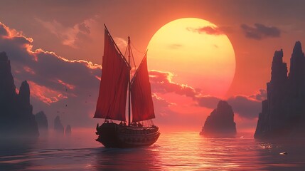 Fototapeta premium Red Sailboat Silhouetted at Sunset Floating on Water Digital Painting Fantasy-Inspired. AI Generated