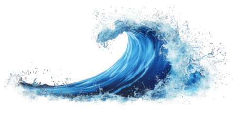 a powerful blue wave crashing against a transparent background. with splashes of water