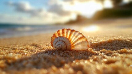Tranquil beach scene featuring a seashell at sunset.