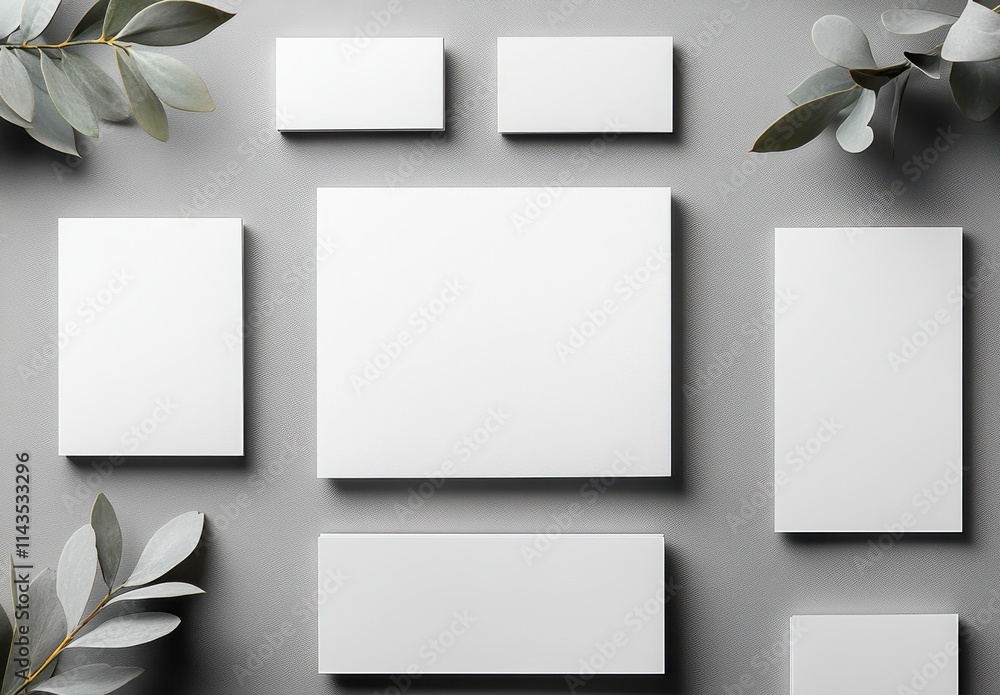 Poster minimalist flat lay of blank canvas frames surrounded by greenery on a neutral background for artist