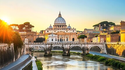 Fototapeta premium Majestic building at golden sunrise wide shot photo by river. AI Generated