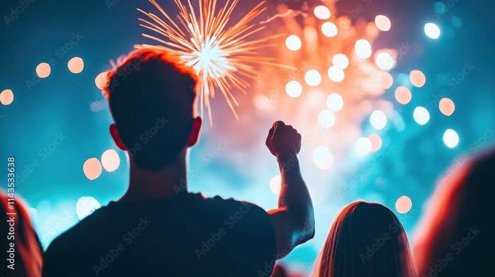 Poster fireworks explode in the night sky, creating a dazzling display of light and color that illuminates 
