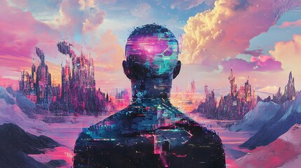 Naklejka premium Man gazing at fantasy city vector art with a surreal style. AI Generated