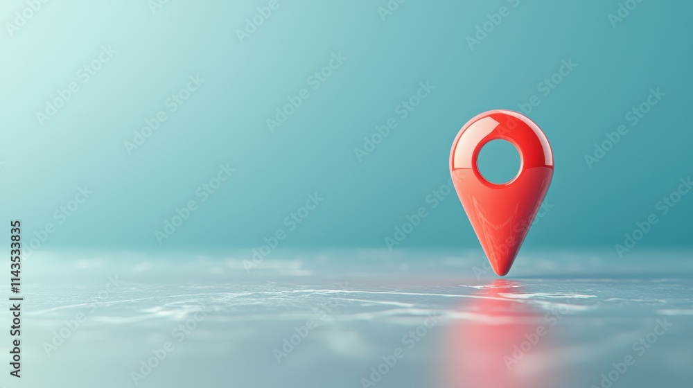 Poster a bright red location pin icon with a glossy finish, casting a soft shadow on a light gray backgroun
