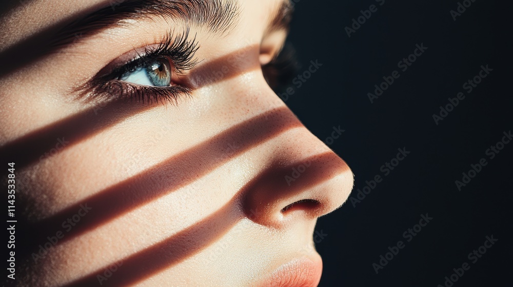 Poster a portrait of a person face is partially obscured by shadow, highlighting certain features with ligh