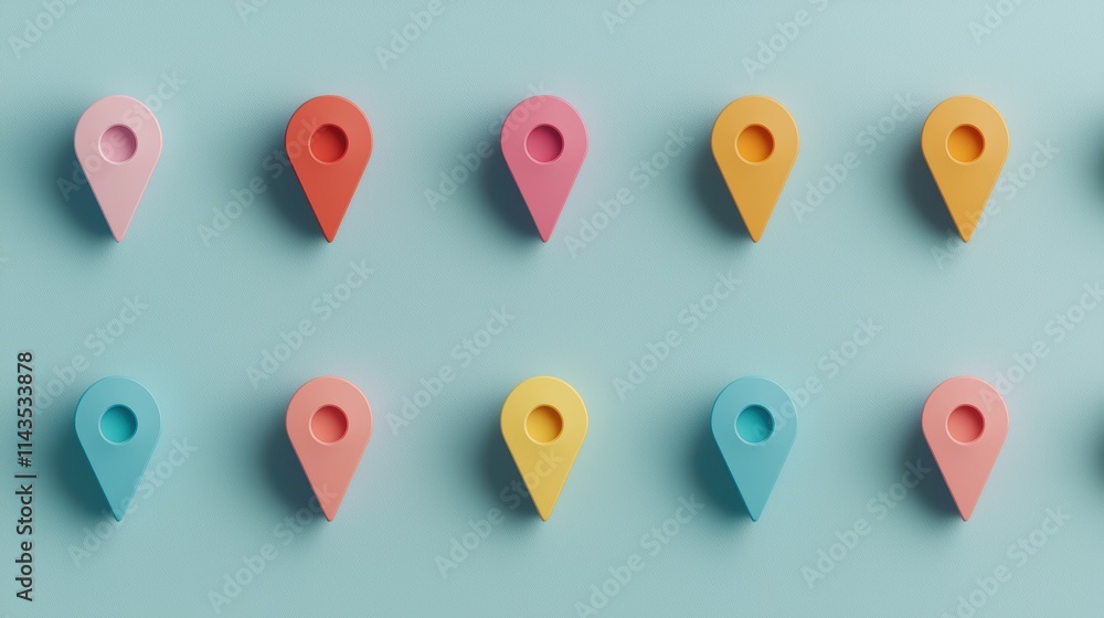 Poster a set of colorful location pin icons in various hues, each with a subtle gradient and a clean, moder