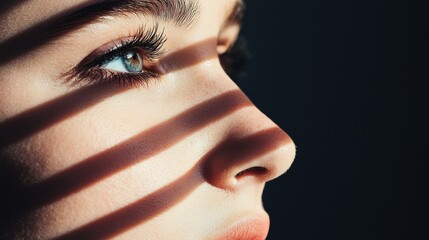 A portrait of a person face is partially obscured by shadow, highlighting certain features with light and creating an air of intrigue and mystery.