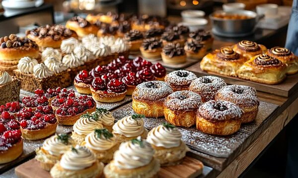 A variety of delicious pastries and desserts displayed attractively.