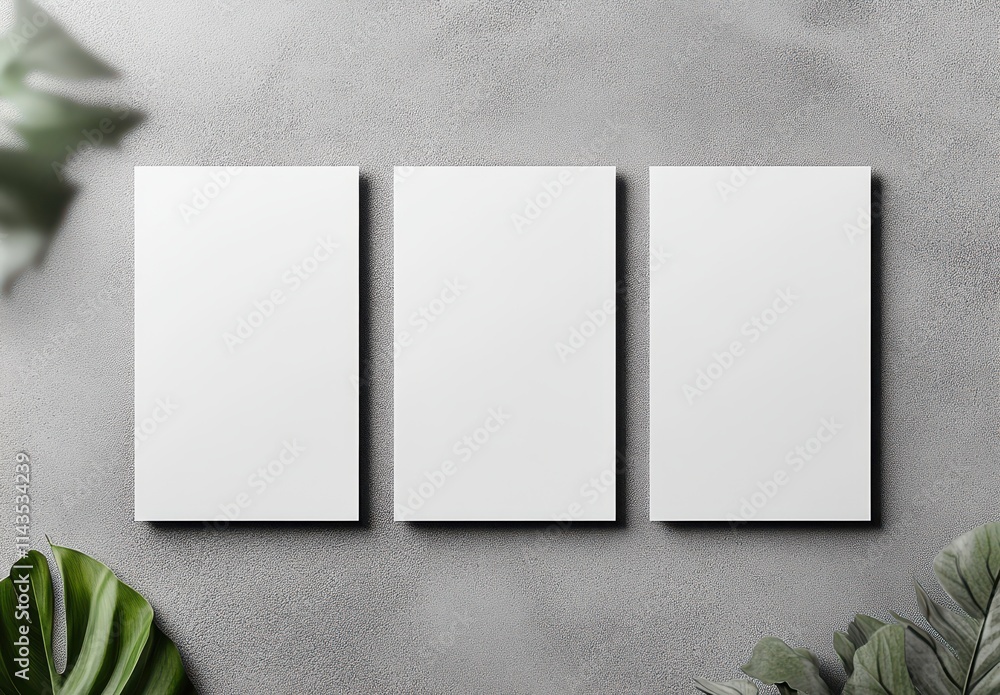 Poster minimalistic display of three blank canvas boards against a textured gray wall with lush green leave
