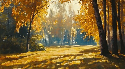 Obraz premium Glowing autumnal trees landscape painting realistic art. AI Generated
