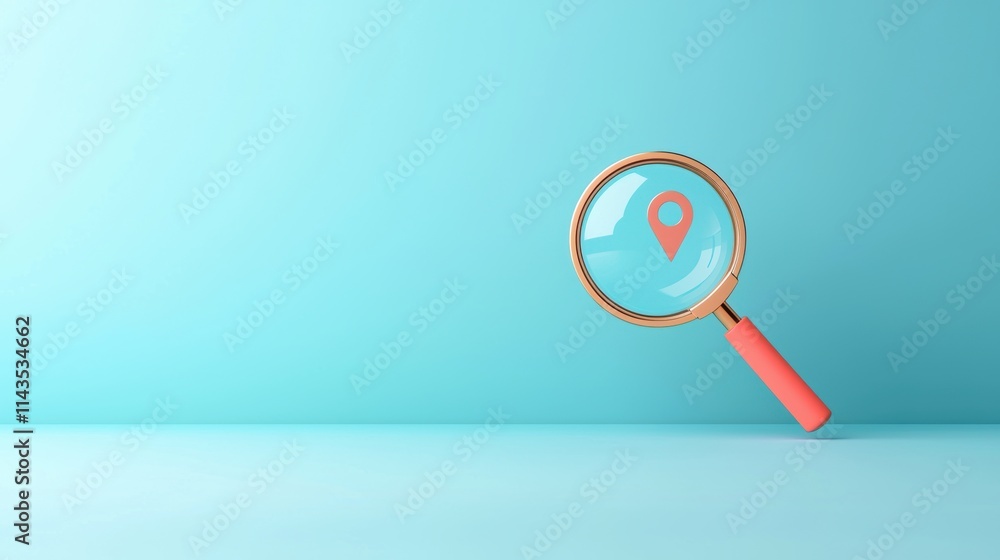 Aufkleber a classic magnifying glass icon with a location pin positioned at the center of the lens, symbolizin