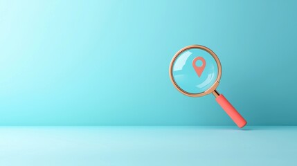 A classic magnifying glass icon with a location pin positioned at the center of the lens, symbolizing the act of searching for a specific location or address.