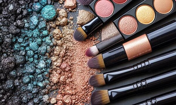 Colorful makeup products and brushes arranged artistically.