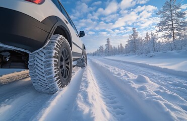 Off-Road Vehicle Driving on Snowy Path in Winter Landscape with Scenic Blue Sky and White Snow-Covered Trees, Perfect for Adventure and Travel Themes