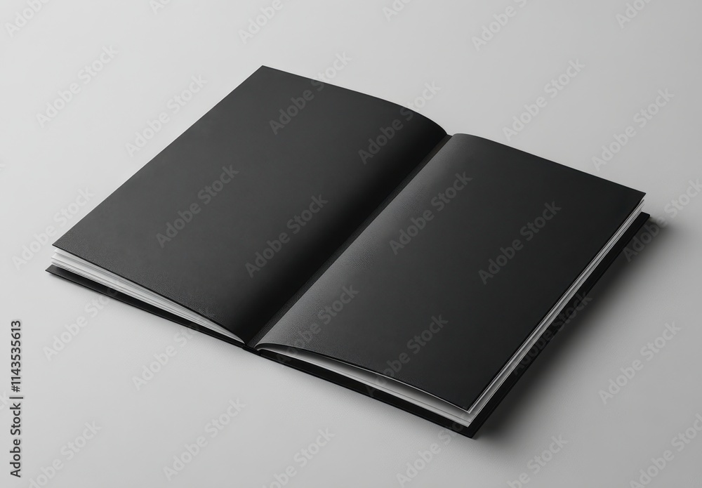 Poster open black notebook with blank pages on a gray surface showcasing minimalism and simplicity, perfect