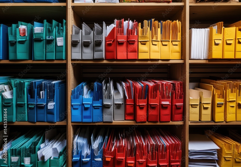 Poster organized filing system with colorful binders and folders on wooden shelves for efficient document m