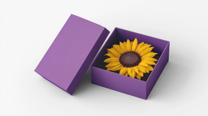 sunflower in purple isolated gift box on white background	
