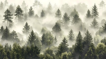 Fototapeta premium Mystical Foggy Forest Landscape with Dense Trees and Soft Light