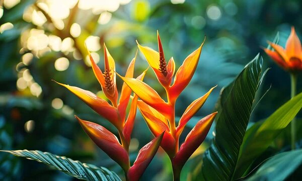 Vibrant tropical flowers with orange and red hues in sunlight.