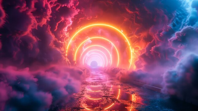 Dynamic neon tunnel with pink and yellow streaks, enveloped in swirling fog and halo-like glowing cloud 