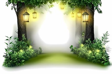 Obraz premium Enchanted Pathway with Lanterns and Lush Greenery at Dusk