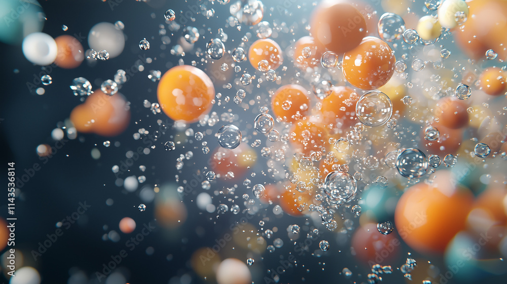 Poster spheres in motion: a vibrant symphony of colorful spheres dance in a mesmerizing splash of water, cr