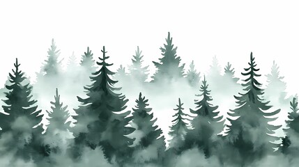 Lush Green Forest Silhouette with Misty Background and Pine Trees