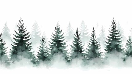 Serene Watercolor Landscape of Evergreen Trees in Misty Forest