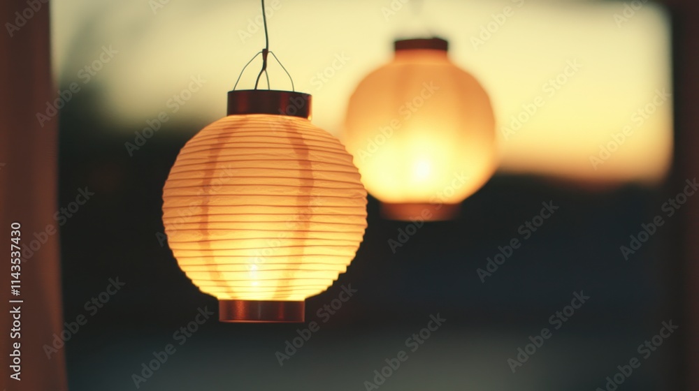 Poster elegant lanterns glow softly against a blurred sunset backdrop, creating a warm and inviting atmosph
